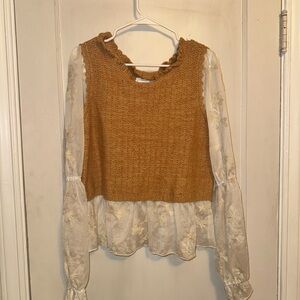 Anthropologie Knit Vest with Sheer Floral Sleeves